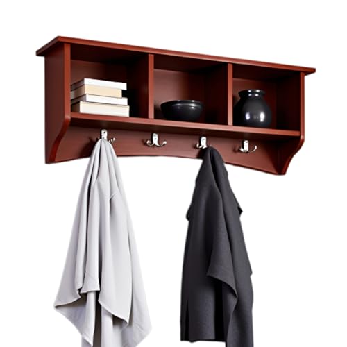 Shaker Cottage Wall-Mounted Coat Rack with 3 Storage Cubbies and 4 Hooks – 36" Space-Saving Entryway Organizer, Mudroom and Hallway Wall Shelf by Alaterre Furniture (Cherry Finish) - color: Cherry