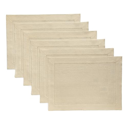 Solino Home 100% Pure Linen Placemats Beige Hemstitch, 14 x 19 in, Set of 6 | Classic Hemstitch Place Mats place settings for daily dining | hand hemstitched borders, artisan crafted | OEKO-TEX Certified - color: 05: Beige, size: 14" X 19" (Set of 6)