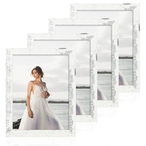 iRahmen 8.5x11 Picture Frame Set of 4, Distressed White Certificate Frame with Real Glass, Wood Photo Frames 8.5 by 11 Diploma Document for Wall Hanging and Tabletop Display - color: Distressed White, size: 8.5X11