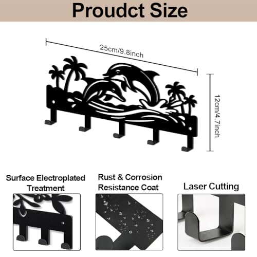 MAYJOYDIY Ocean Dolphin Metal Key Hook Marine Animal Coat Rack Wall Mounted 9.8×4.7inch Coconut Tree Black Art Wall Decor Key Holder with 5 Hooks for Gift Coats Hats Towels Bags Hanging - style: Ocean Dolphin