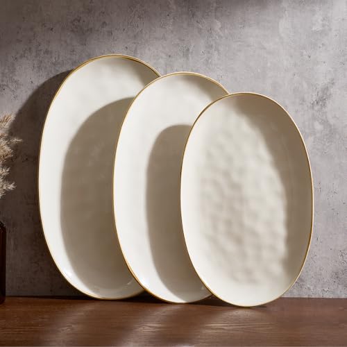 famiware Serving Platters Set of 3 Sizes - Oval, Vanilla White | 15.59"/14.3"/12.9" Fine Stoneware Serving Trays for Party, Entertaining for Food, Turkey, Cheese, Microwave Dishwasher Safe - color: Vanilla White