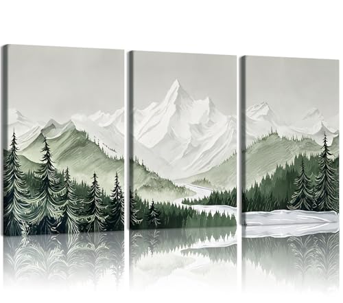 GYYLGYY 3 pcs Green-Toned Mountains Forest Landscape Canvas Wall Art | 16x24 Inch Framed Nature Scenery Artwork Neutral Mountains and Waters Minimalist Wall Decor for Living Room Bedroom Office - color: Scenery of Mountains and Waters Canvas Art, size: 24