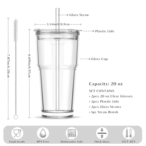 INSETLAN 20 oz Clear Glass Cup with Lid and Glass Straw, Set of 2 Thickened Glass Coffee Tumblers, Drinking Glasses with Straw for Smoothie, Tea, Milk, Whiskey, Water and More – Elegant & Durable - color: 20 oz - 2 Pcs