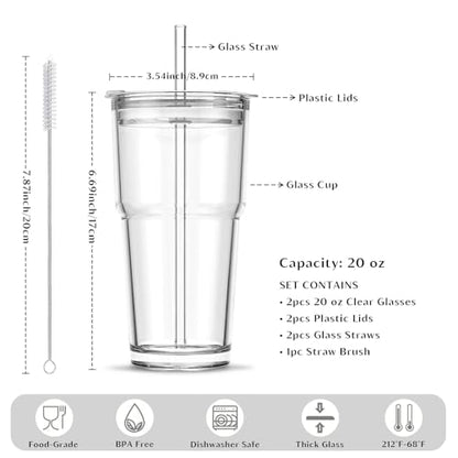 INSETLAN 20 oz Clear Glass Cup with Lid and Glass Straw, Set of 2 Thickened Glass Coffee Tumblers, Drinking Glasses with Straw for Smoothie, Tea, Milk, Whiskey, Water and More – Elegant & Durable - color: 20 oz - 2 Pcs