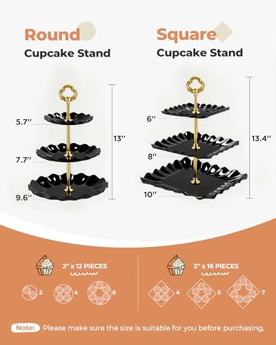 Kootek 10pcs Cupcake Stand Dessert Table Display Set Serving Tray for Party | 3-Tier Cupcake Stand, 6 Rectangular Trays, Hold 128 Standard Cupcakes, Cookie Display, BPA-Free, No Tools Required, Hand Wash - color: Gold & Black, size: 10 Set