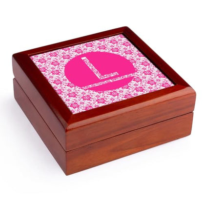 3dRose Hoy Pink Girly Floral Monogram Letter L Jewelry Box 7 x 7 inch with 4 inch tile