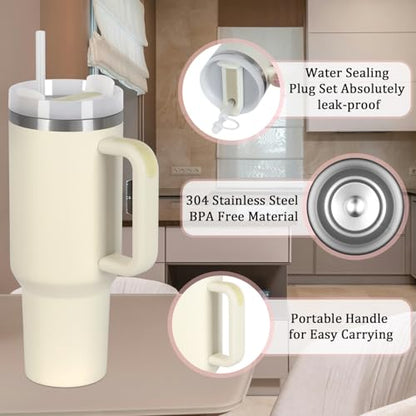 4 Pack 40 Oz Tumbler with Handle Bulk, Double Wall Vacuum Insulated Stainless Steel Tumbler with Lid and Straw, 40 oz cup with Silicone Spill Proof Stopper Set (Cream) - color: Cream