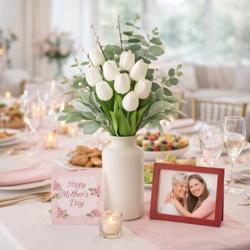 18 Stems White Artificial Tulip Bouquet with Eucalyptus | Real touch petals, pearl berries, bendable stems, elegant centerpiece, dining table decor, no vase - color: White