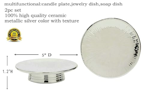 Metallic Silver Ceramic Candle Plate and Jewelry Dish Set of 2, 5" Diameter - color: Silver