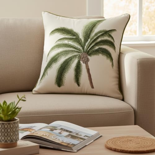 Embroidered Throw Pillow Covers 18x18 inch Pack of 2 Green Palm Tree | Ocean-Themed,Durable Fabric,Square Pillow Cover,Boho Decorative,Hidden Zipper,Aesthetic Design,Ideal Gift,Machine Washable - color: A Green Coconut Tree