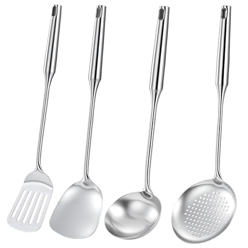 4-Piece Cooking Utensils Set, Stainless Steel Kitchen Utensils, Metal Kitchen Tools Include Solid & Slotted Turner Wok Spatula, Serving Spoon, Ergonomic Handle, Easy to Clean
