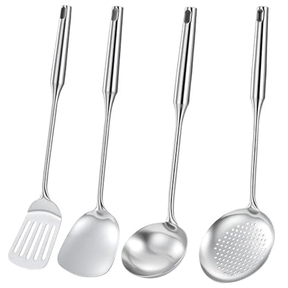 4-Piece Cooking Utensils Set, Stainless Steel Kitchen Utensils, Metal Kitchen Tools Include Solid & Slotted Turner Wok Spatula, Serving Spoon, Ergonomic Handle, Easy to Clean