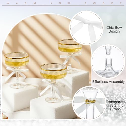 Set of 24 Plastic Champagne Coupe Glasses with Bow 7 oz Gold Champagne Tower Set Stackable Acrylic Ribbed Martini Glasses Cocktail Coupe Cup for Wedding Birthday Party Bar(Bowknot,White) - color: White, style: Bowknot