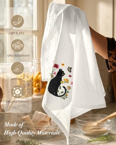 Embroidered Flour Sack Kitchen Towels, Black Cat | Exquisite Embroidery, Pure Cotton, Lightweight, Nostalgic Design, with Hanging Loop, Softer After Wash, Machine Washable - color: Cat in Flower
