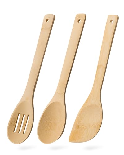 Wooden Spoons for Cooking, 3PCS Wooden Utensil Set Includes Slotted Spoon, Wooden Spoon & Wooden Spatula, Bamboo Cooking Utensils for Non-Stick Pans, Natural Bamboo Utensils | Slotted spoon, solid spoon and spatula handle stirring, draining, flipping and
