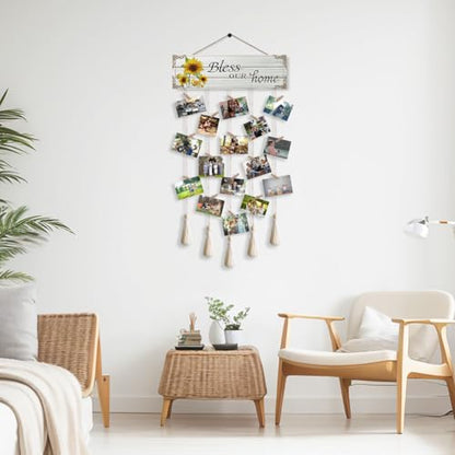 Bless Our Home Family Photo Hanging Display Board with 16 Clips, Rustic Wood Picture Collage Frame with Tassels Farmhouse Wall Decor - color: Bless Our Home