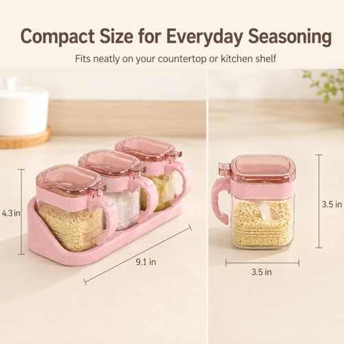 3 Pcs Glass Coffee Station Organizer Set, Pink Sugar Container Jars with Tray, Scoops and Label Stickers for Beans, Candy, Oats, Nuts, Spices