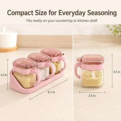 3 Pcs Glass Coffee Station Organizer Set, Pink Sugar Container Jars with Tray, Scoops and Label Stickers for Beans, Candy, Oats, Nuts, Spices
