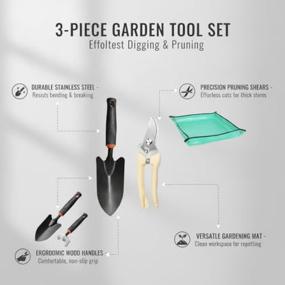 Effortless Digging and Pruning: 3-Piece Gardening Kit with Stainless Steel Heads and Wood Handles