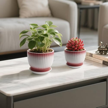 6.7 + 5.5 Inch Ceramic Plant Pots,Set of 2,Planters with Drainage Hole and Saucer,Flower pots for Indoor Plants,Elegant Design(Pink + White, - color: Pink + White