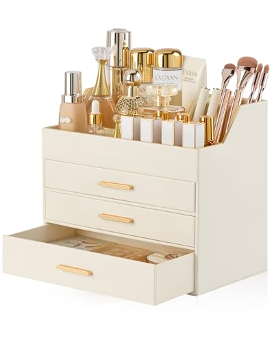 Lolalet Makeup Organizer for Vanity Desk, 4-Layer PU Leather Luxury Make Up Storage Cosmetics Holder Box with Drawers -Beige - size: 4-Layer