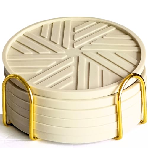 Silicone Coasters Set of 6 - with Gold Holder, smart Modern Grooved Pattern Protecs to Coffee Tables, Beige - color: Neutral Beige