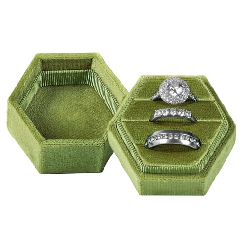 MFXIP Velvet 3 Slots Jewelry Ring Box Engagement Wedding Box Keepsake Box Bridal Photo Ring Triple Slots Hexagon - color: Military Green