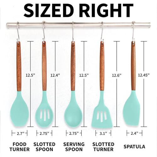 Zulay Kitchen 5 Piece Silicone Utensil Set | Non-Stick Silicone Cooking Utensils Set with Acacia Wood Handles - 464°F Heat Resistance Kitchen Utensils Set - Aqua - color: Sky Aqua, size: 5-Piece Set