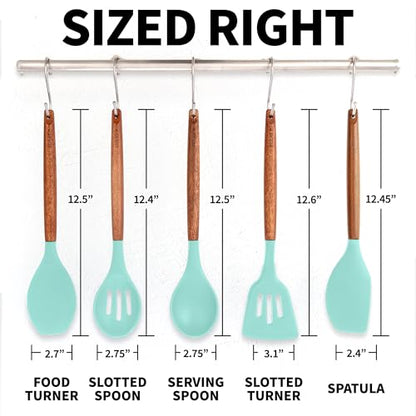 Zulay Kitchen 5 Piece Silicone Utensil Set | Non-Stick Silicone Cooking Utensils Set with Acacia Wood Handles - 464°F Heat Resistance Kitchen Utensils Set - Aqua - color: Sky Aqua, size: 5-Piece Set