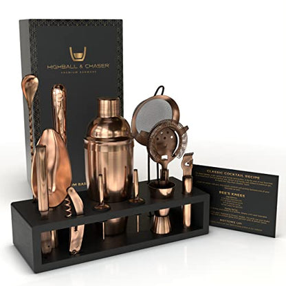 Highball & Chaser Bartender Kit with Espresso Bamboo Stand. Beautiful Cobbler Cocktail Shaker Set with Bar Tools Rustproof Stainless Steel Bar Set (Antique Copper) - color: Copper
