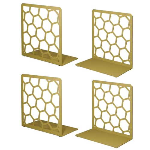 Gold Geometric Honeycomb Metal Bookends - Book Ends for Shelves - Decorative Modern Heavy Duty Bookend Stopper - Book Ends for Heavy Books - Home Office Book Holder - 2 Pair, 6x3.25x6.25 in - color: Gold, size: 2 Pairs