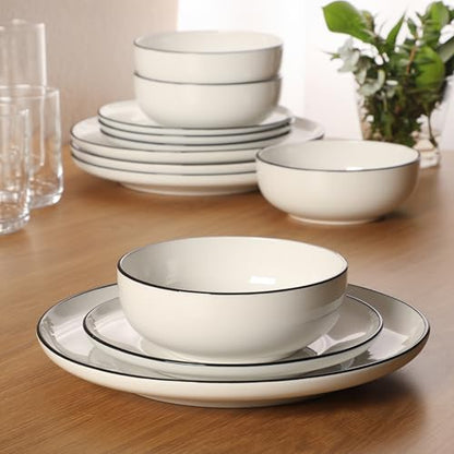 Gibson Home Havenstone 12-Piece Dinnerware Set – Dinner Plates, Salad Plates & Bowls, Classic White With Black Rim Everyday Dish Set for Home, Kitchen, Microwave & Dishwasher Safe - color: White w/ Black Rim (Havenstone)