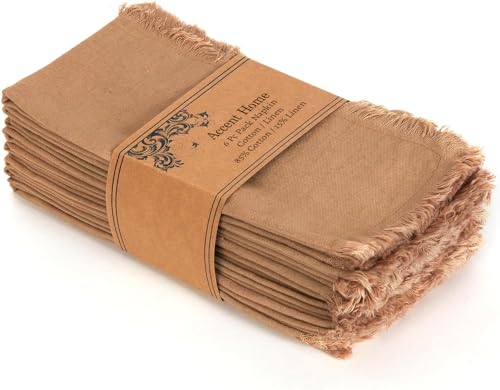 ACCENTHOME Brown Cotton Linen Napkin Set of 6 18x18 inch Dinner Napkins - Washable Soft Premium Hotel Quality Reusable Napkins Perfect Table Napkins for Family Dinners, Weddings & Everyday Use | Cotton Linen Blend Napkins, Machine Wash On Gentle Cycle, Ec