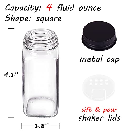 Churboro 25 Pack Glass Spice Jars with Labels, 4oz Spice Containers | Square Spice Bottles with Black Caps, Shaker Lids, 547 Labels, Funnel & Chalk Pen. Keep Seasoning Jars Neat and Organized