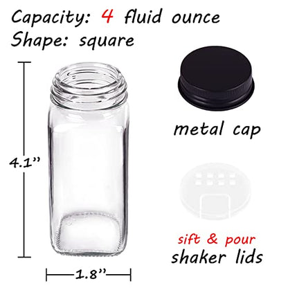 Churboro 25 Pack Glass Spice Jars with Labels, 4oz Spice Containers | Square Spice Bottles with Black Caps, Shaker Lids, 547 Labels, Funnel & Chalk Pen. Keep Seasoning Jars Neat and Organized