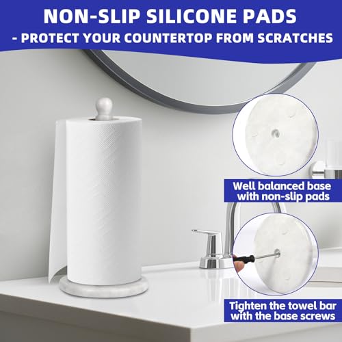 Natural Marble Paper Towel Holder for Kitchen Countertop - 2.6 lbs (1.2kg) Heavy Duty Weighted Base for One-Handed Tearing - Fits Jumbo Rolls - Elegant Modern Design with Ball Top - White & Grey - color: White & Grey
