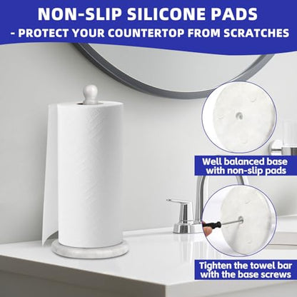 Natural Marble Paper Towel Holder for Kitchen Countertop - 2.6 lbs (1.2kg) Heavy Duty Weighted Base for One-Handed Tearing - Fits Jumbo Rolls - Elegant Modern Design with Ball Top - White & Grey - color: White & Grey