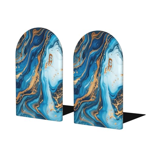 Blue Golden Marble Wooden Bookends for Shelves Decorative Book Ends Universal Book Organizer Holder for Office, Heavy Books, Vinyl Records - color: Blue Golden Marble