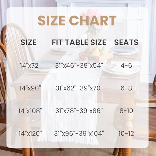 Simple&Opulence Linen Cotton Table Runner - 14 x 120 Inch, Farmhouse Linen Table Runner with Fringed Edges for Bohemian Rustic Wedding, Bridal Shower, Dinner （ White ） - size: 14"x120", style: White