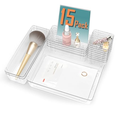 15Pcs Clear Plastic Drawer Organizers Set, 4size makeup drawer organizer trays for vanity/desk/bathroom/office/nightstand/gadgets for kitchen/desk drawer, Versatile drawer divider storage bins - size: 15 Pcs