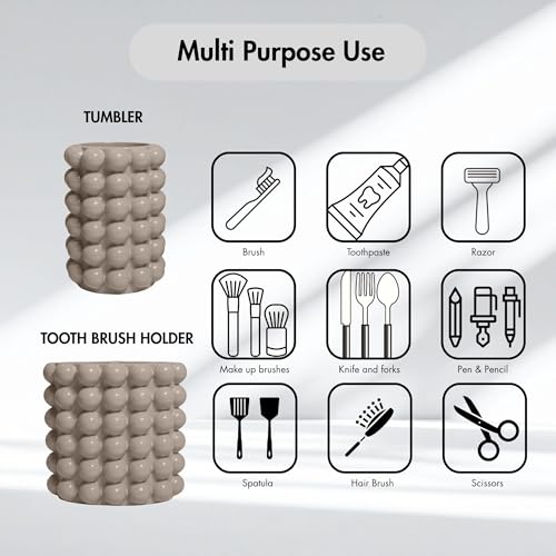 Better Trends Bathroom Accessories Set 3 Pieces Resin Bubble Textured Soap Dispenser, Toothbrush Holder & Tumbler for Vanity, Kitchen Sink & Countertop Organization Beige Nova Collection - color: Beige