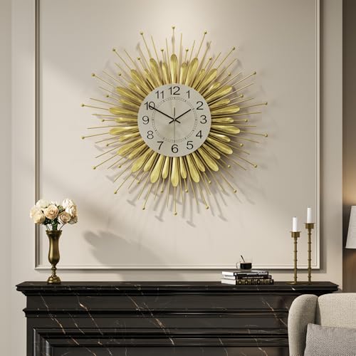 Cuspin 24 Inch Wall Clock Gold Mid Century Sunburst Metal Decorative Clock | Silent non ticking, battery operated, metal construction, sunburst design, bedroom and office decor, easy wall mounting - color: Gold Sunburst, size: Small