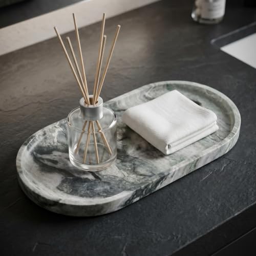 YKAJO Shangri-la Green Oval Marble Tray, 11.8x5.9 Vanity Perfume Organizer | Honed natural stone; jewelry & trinket dish, ring & key holder, soap & candle catchall; bath counter, dresser, coffee table - color: Shangri-la Green, size: 11.8" x 5.9" x 0.6"