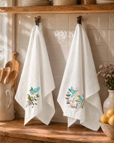 Embroidered Flour Sack Kitchen Towels, Cute Birdie | Exquisite Embroidery, Pure Cotton, Lightweight, Nostalgic Design, with Hanging Loop, Softer After Wash, Machine Washable - color: Birdie