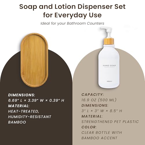 MaisoNovo Soap Dispenser Bathroom Set of 2-16.9 oz Bathroom Soap Dispenser Set - White Plastic Bottles x 2 with White Bamboo Pumps & Tray - color: Plastic White Bottles/ White Bamboo Pumps