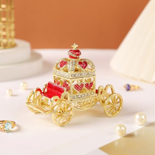 Retro Hollow out Carriage Trinket Box Small Jewelry Boxes Hand-Painted Christmas Gift for Women(Red) - color: Red