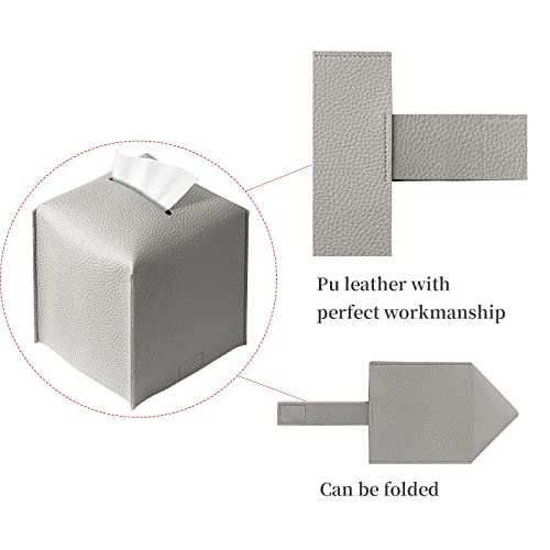 REGELETO Square Tissue Box Cover, Pu Leather Tissue Box Holder with Bottom Belt Modern Stylish Tissue Box Organizer for Bathroom, Bedroom, Hotel, Office Desk 5"X5"X5"-Grey - color: Single Grey