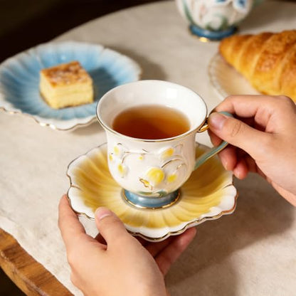 KAMMAK Tea Cups and Saucers Set of 2, Porcelain Coffee Cups, NX015 | Gold Rim, Stackable Espresso Mugs, Ceramic Demitasse for Coffee, Latte, Americano, Afternoon Tea, Elegant Gift for Women - size: 8CZNX015+16