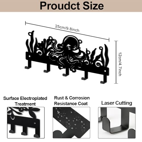 MAYJOYDIY Octopus Marine Life Metal Key Hook 9.8×4.7inch Seagrass Water Plant Bubbles Coat Rack Wall Mounted 5 Hooks Sea Animal Key Holder Black Wall Decor Gift for Coats Hats Towels Bags - style: Octopus Marine Life