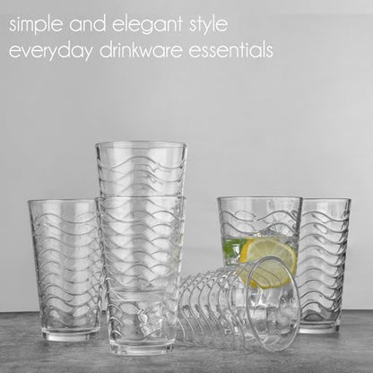 ALINK 16 oz Vintage Drinking Glasses, Set of 6 Wave Line Highball Glass Cups Bar Glasses, Clear Heavy Base Stemmed Water Glasses for Beer, Iced Coffee, Cocktail, Wine, Iced Tea, Dishwasher Safe - style: Wave Design